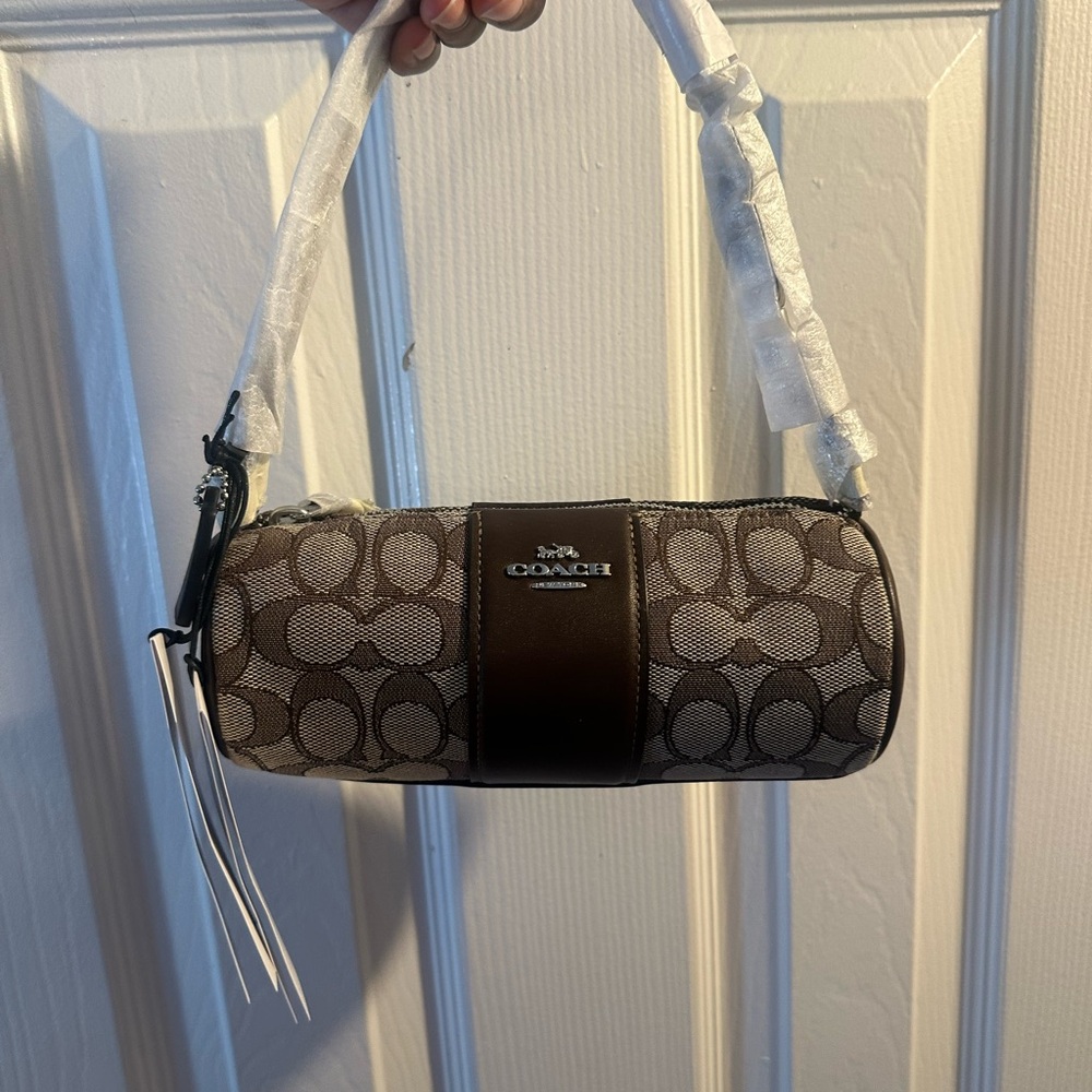 Coach Signature Brown and Cream Barrel Bag